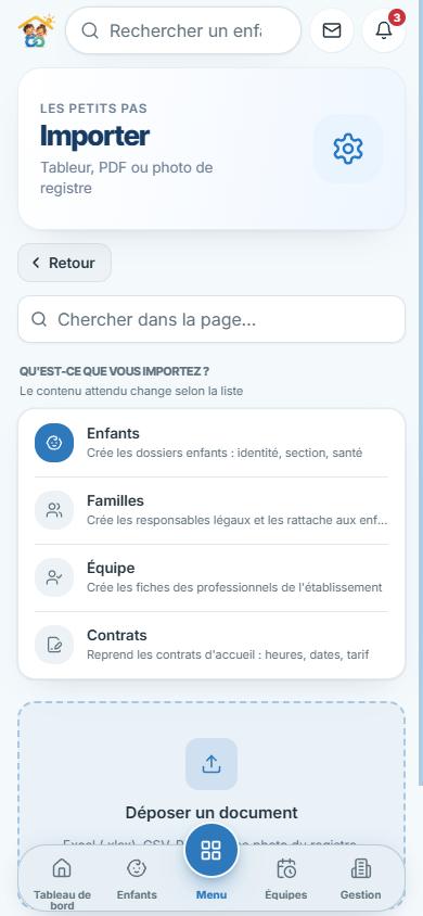 L'écran d'import de Daycarelink